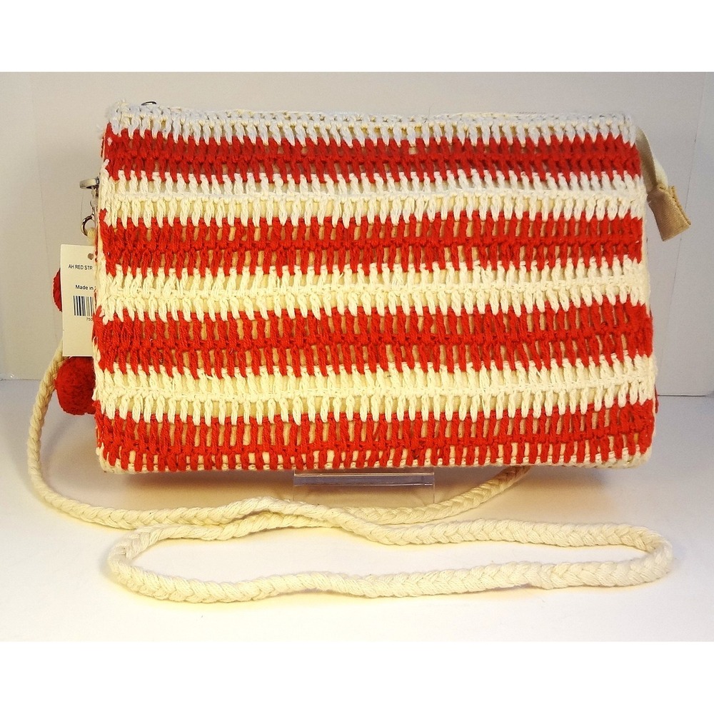 Red Striped Woven Crochet Crossbody Bag Purse with‎ Pom Poms Zipper Closure NWT - Picture 6 of 7